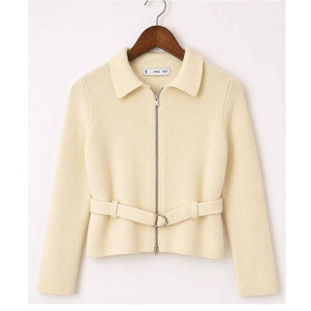Mango MNG Cream Zip Up Belted Cardigan Sweater Collared Ribbed Knit Womens Small - Picture 4 of 8
